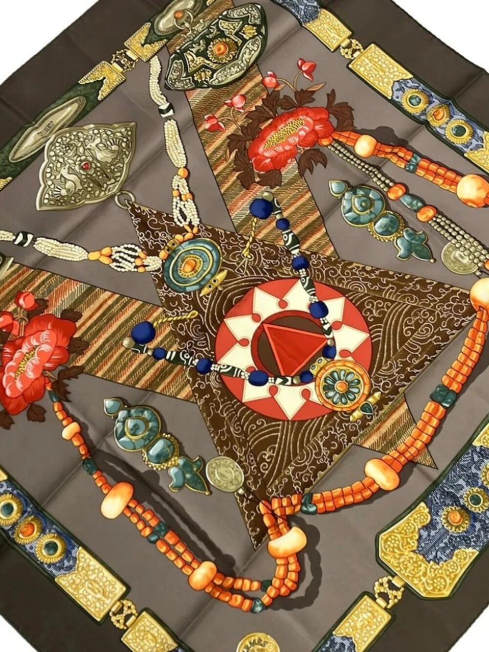 HERMES Carre 90 Bordeaux Dark Brown Multi Scarf